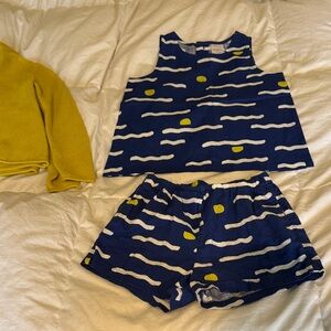 Hanna Andersson Blue and White Wave Print Dress with Yellow Detail